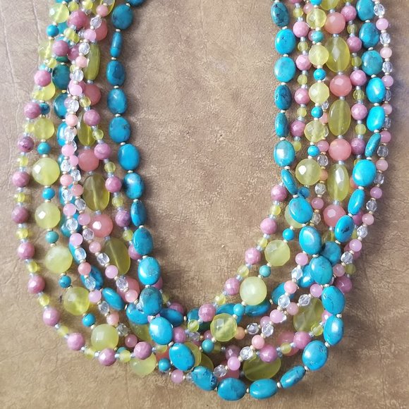 STATEMENT JOSE & MARIA BARRERA CRYSTAL TURQUOISE PINK 8 MULTI STRAND NECKLACE - Picture 1 of 8